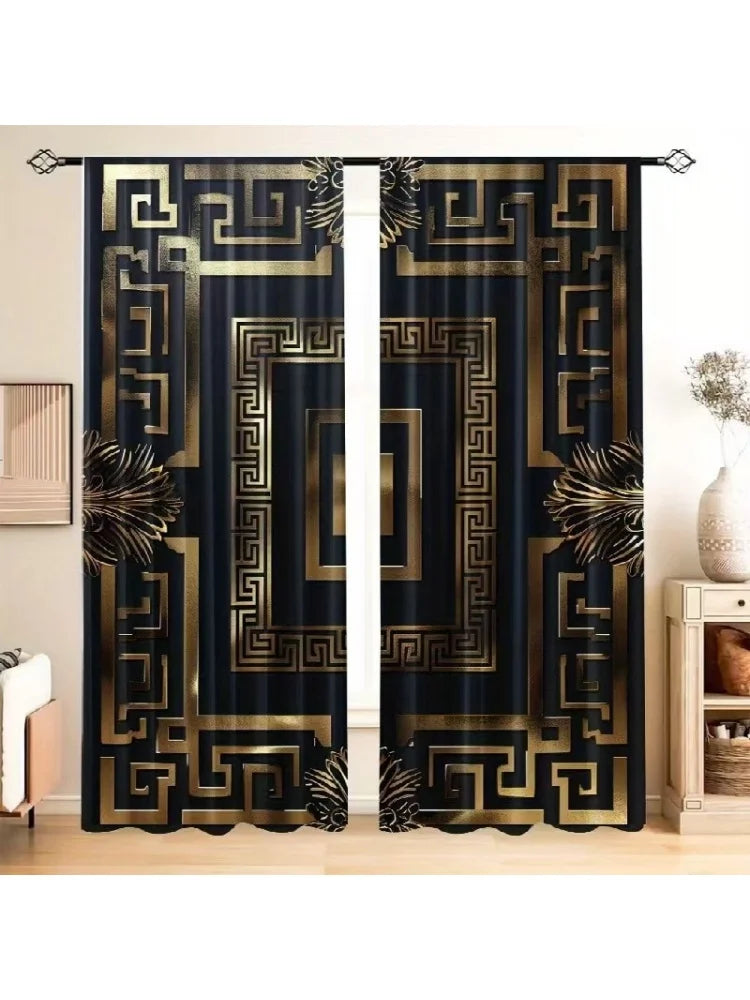 2pcs Gold patterned black background polyester curtains.