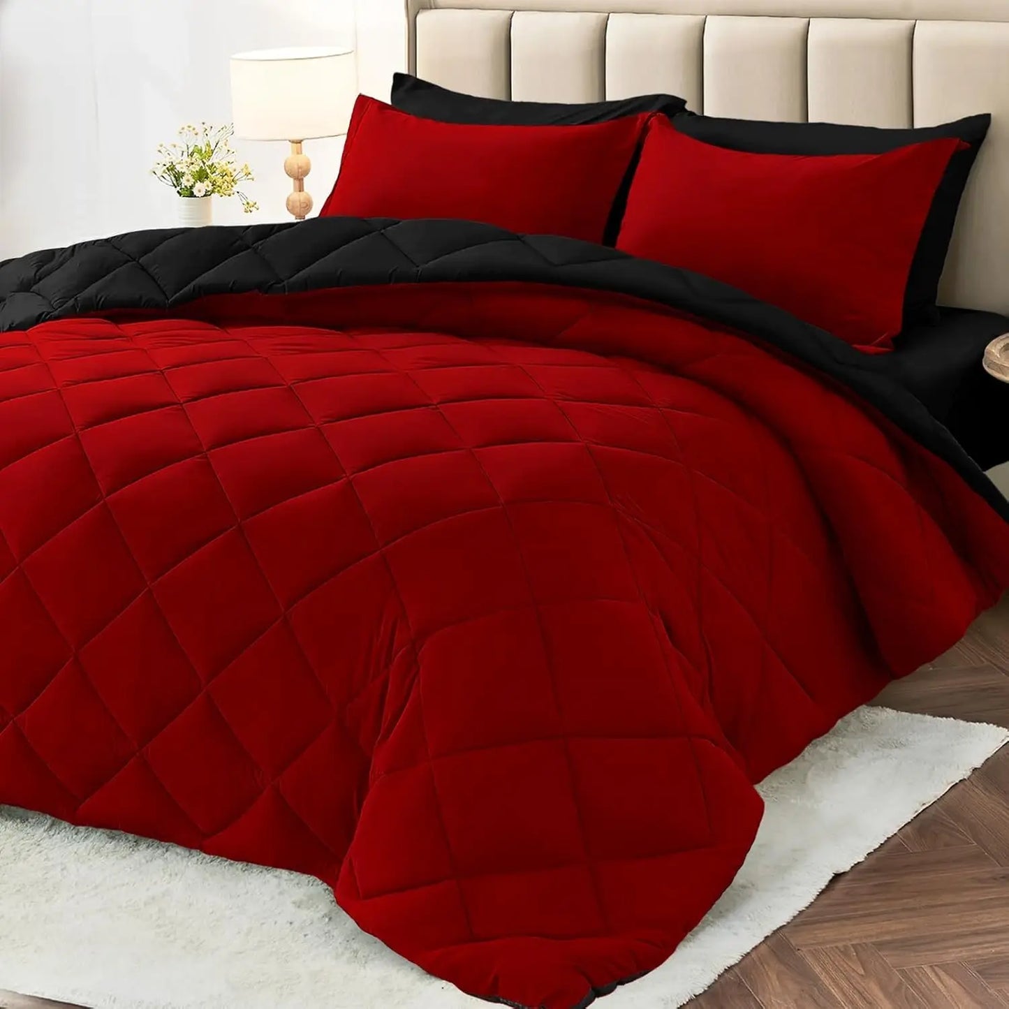 Reversible Comforter Set Queen/King Size, Comforter, Pillow Shams, Red & Black.