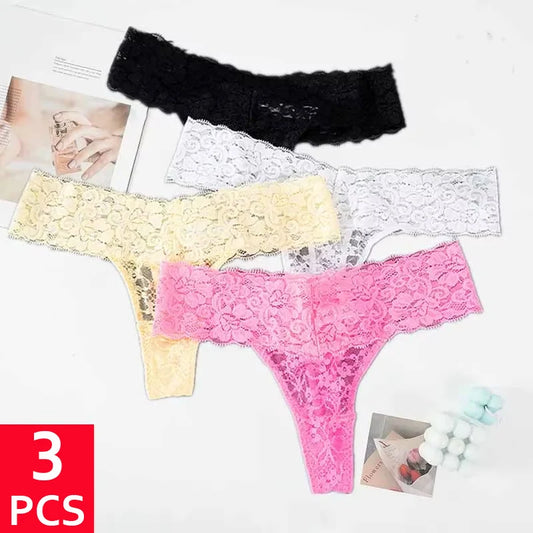 3PCS Lace Floral Women Panties ,Low Waist Breathable Briefs Female Thong Underwear M-2XL Sexy G-String Transparent Panty.