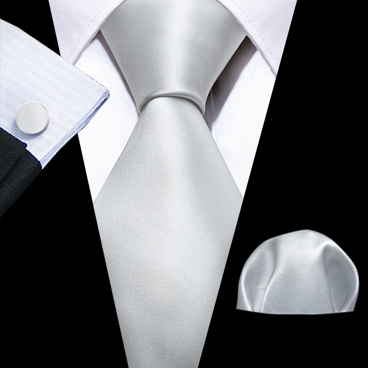 Black White Gray Silver Men Tie Handkerchief Cufflinks Set.