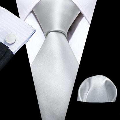 Black White Gray Silver Men Tie Handkerchief Cufflinks Set.