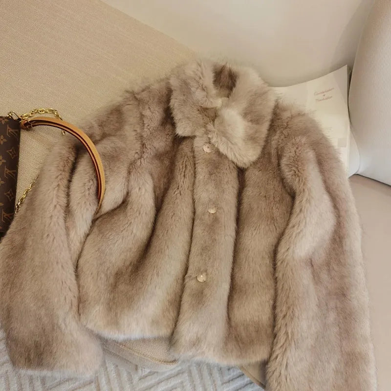 Winter Lapel Gradual Fox Fur Jackets Women Coat Short