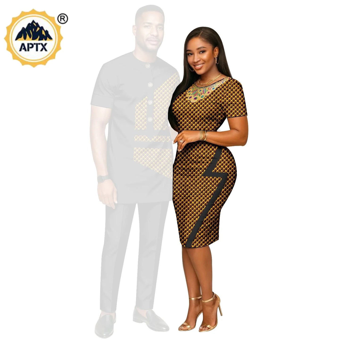 African Print Slim Hip Knee-length Dresses for Women, Matching Couple Outfits Dashiki Men Patchwork Top and Pant Sets 26C019.