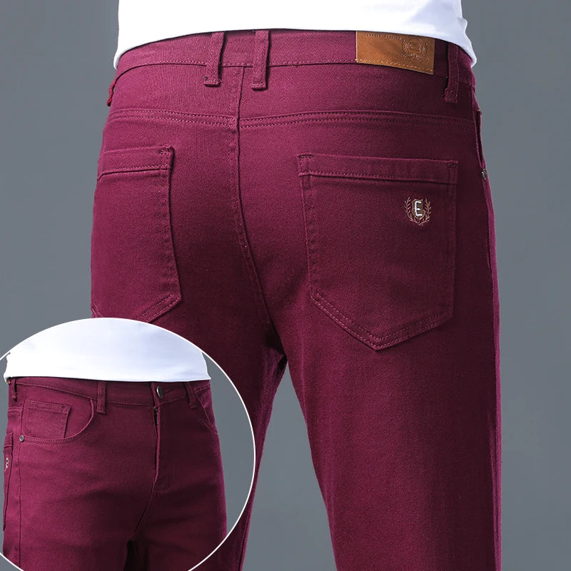 Men Fashion Classic Jeans Solid Color  Streetwear Trousers Stretch Slim-fit