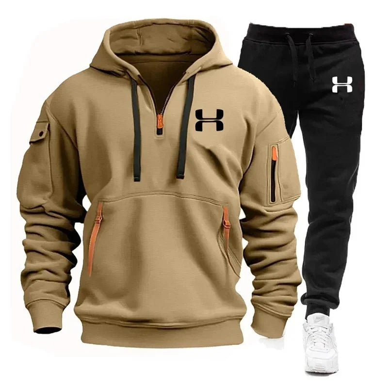 Men autumn and winter new zipper long sleeved hooded sweatshirt, sports and casual pants, two-piece fitness jogging suit.