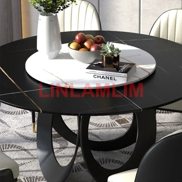 Dining Room furniture, sintered stone Table, Featuring Leather Chairs and Stainless Steel Design.