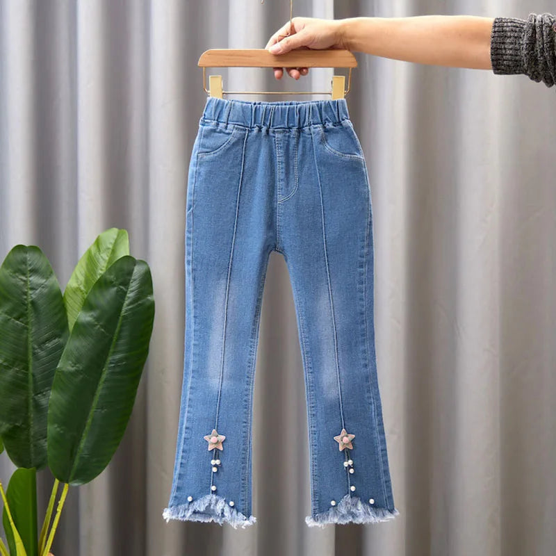 2024 New Autumn Elastic Kids Jeans, Girls Cute Leisure Bow Denim Children Flared Pants.