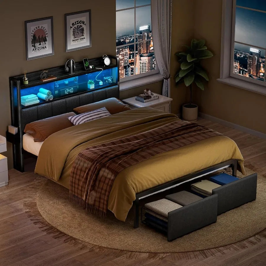 Full Size Bed Frame with Headboard ,with Storage Drawers, Charging Station, and LED Lights.