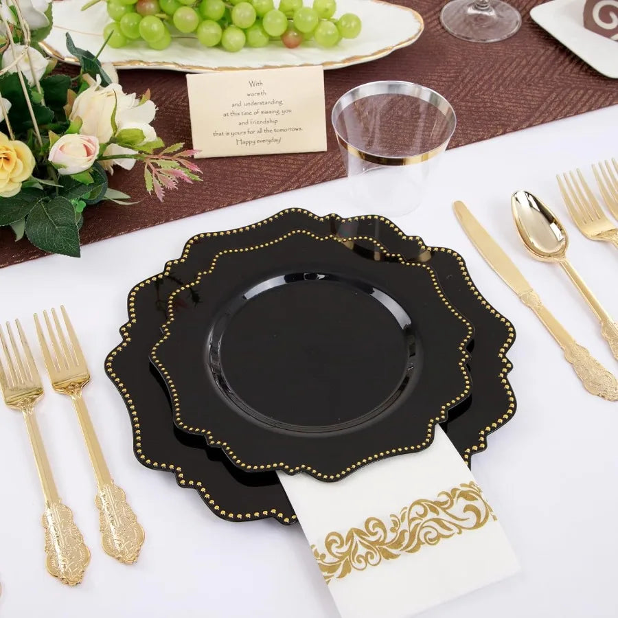 175PCS Black Dinnerware Set with Disposable Silverware for 25 Guests 50 Dinner Plates