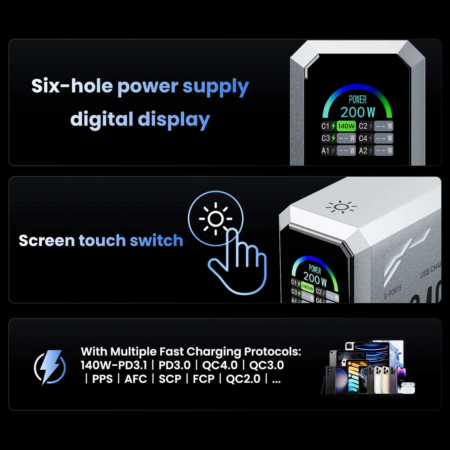 240W Digital Charger PD3.1 140W USB Type C 6 Ports