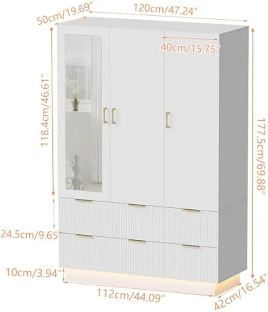 Armoire Wardrobe Closet with 3 Door, Mirror and LED Lights, Hanging Rod, Drawers.