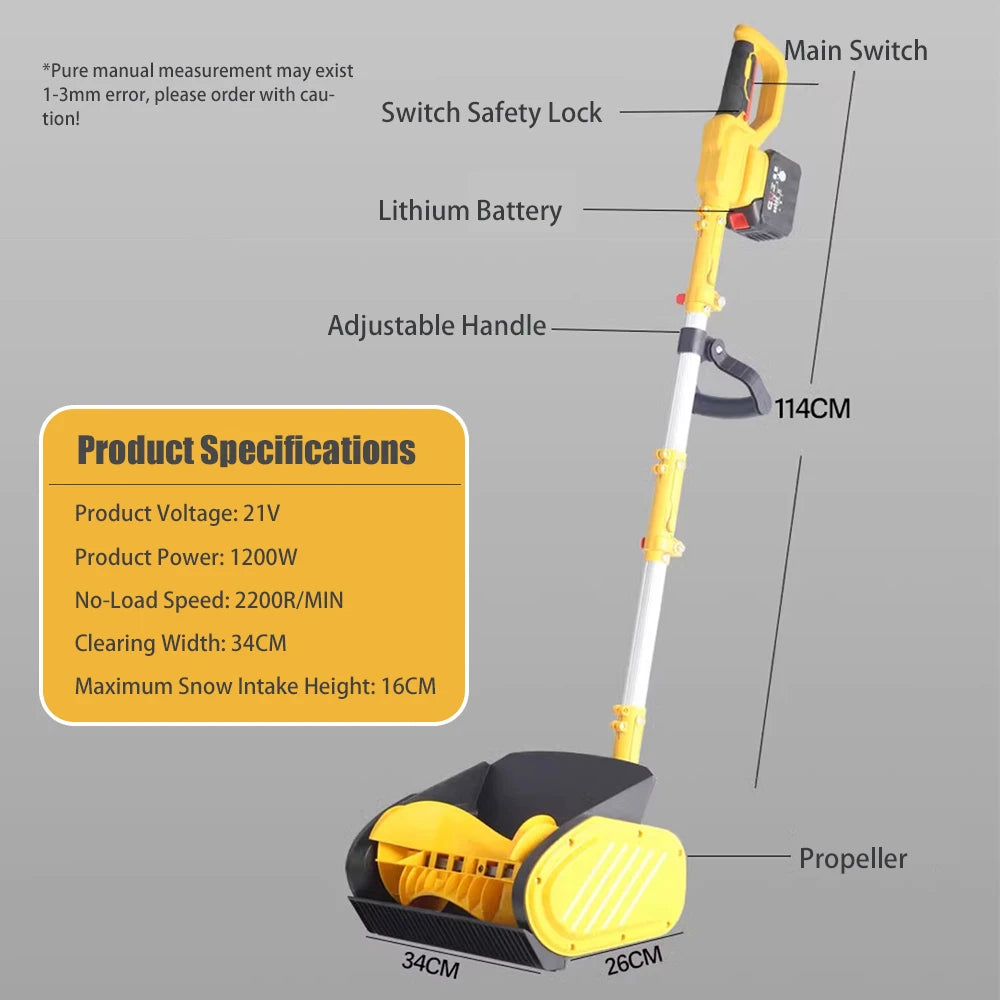 1200W Electric Battery-Powered Snow Blower, High Power Portable Clearing Machine.