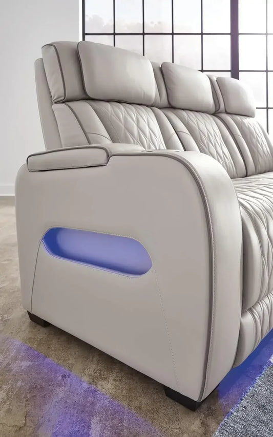 Boyington Contemporary Leather Match Power Reclining Sofa, with USB Charging Ports, LED Lights and Adjustable Headrest,
