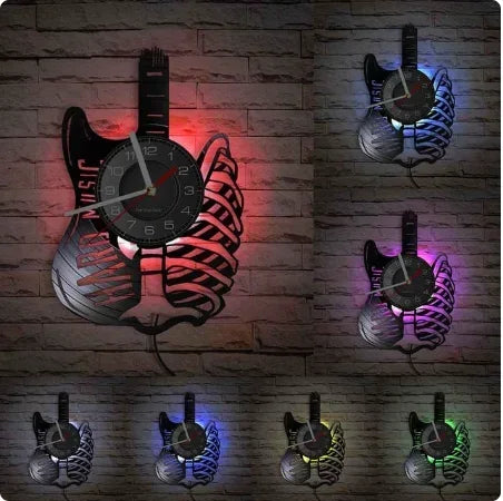 Vinyl Record LED Wall Clock , Music Theme Guitar Clock