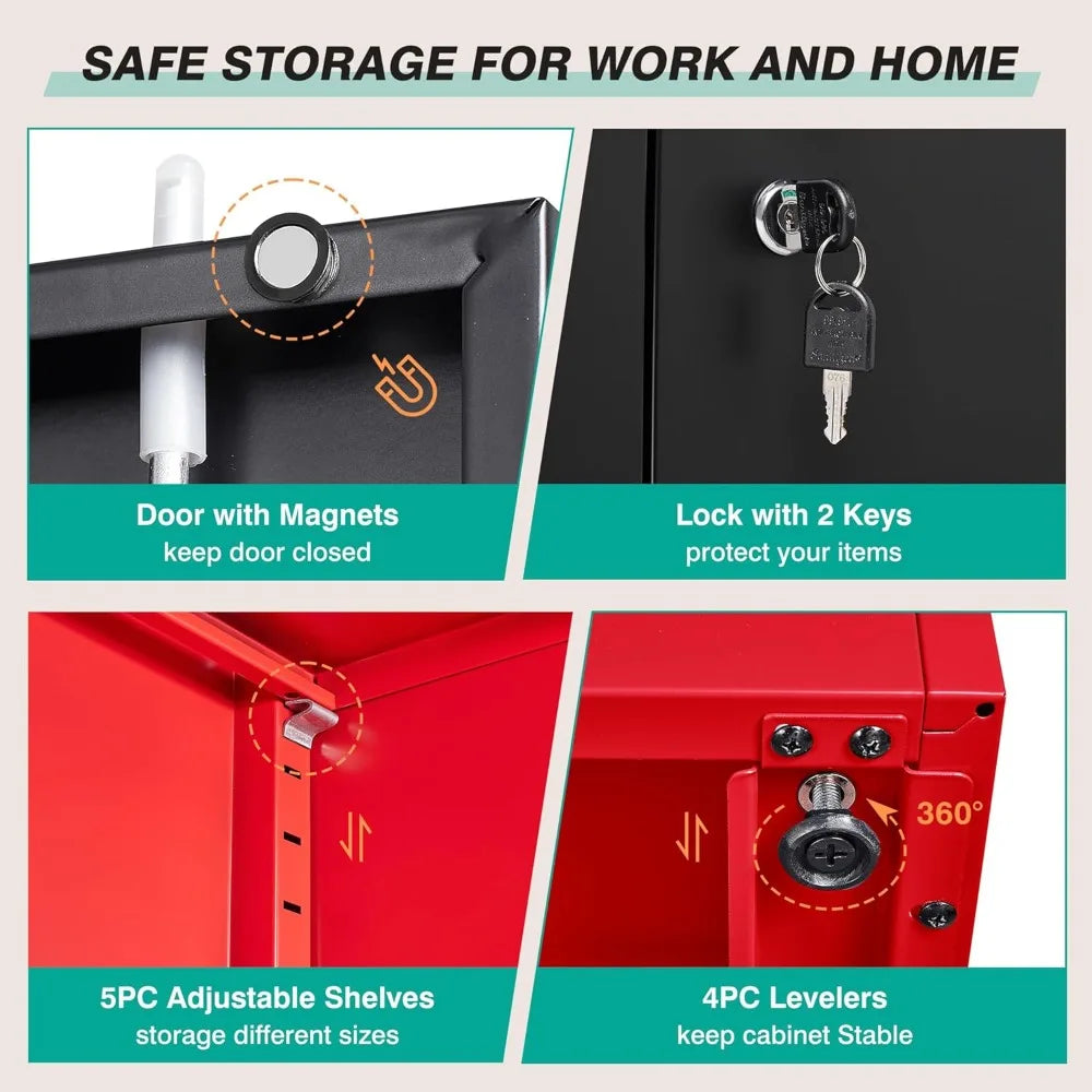 Garage Storage Cabinet with 5 Adjustable Shelves, Metal Storage Cabinet with Lock, Red Black Metal.