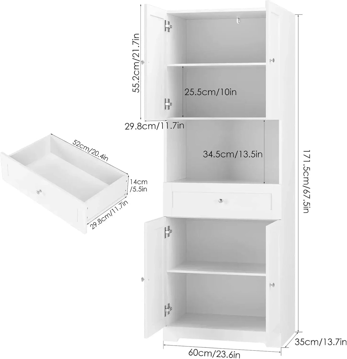 67.5 Tall 4-Door 1-Drawer Kitchen Pantry Cabinet with Open Countertop & Adjustable Shelves for Dining & Living Rooms (White)