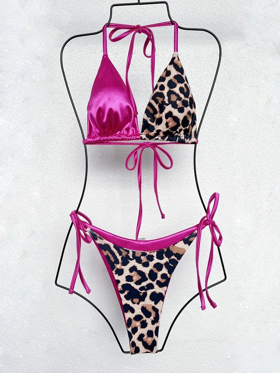 Halter Splicing Leopard Bikinis 2026 Satin Bikini Female Swimsuit Women Swimwear.