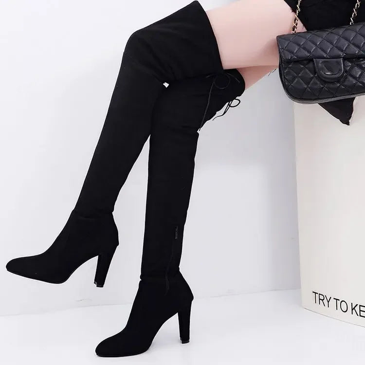 Women Over The Knee Boots, High Heel Slip on Pointed Toe Long Boots.