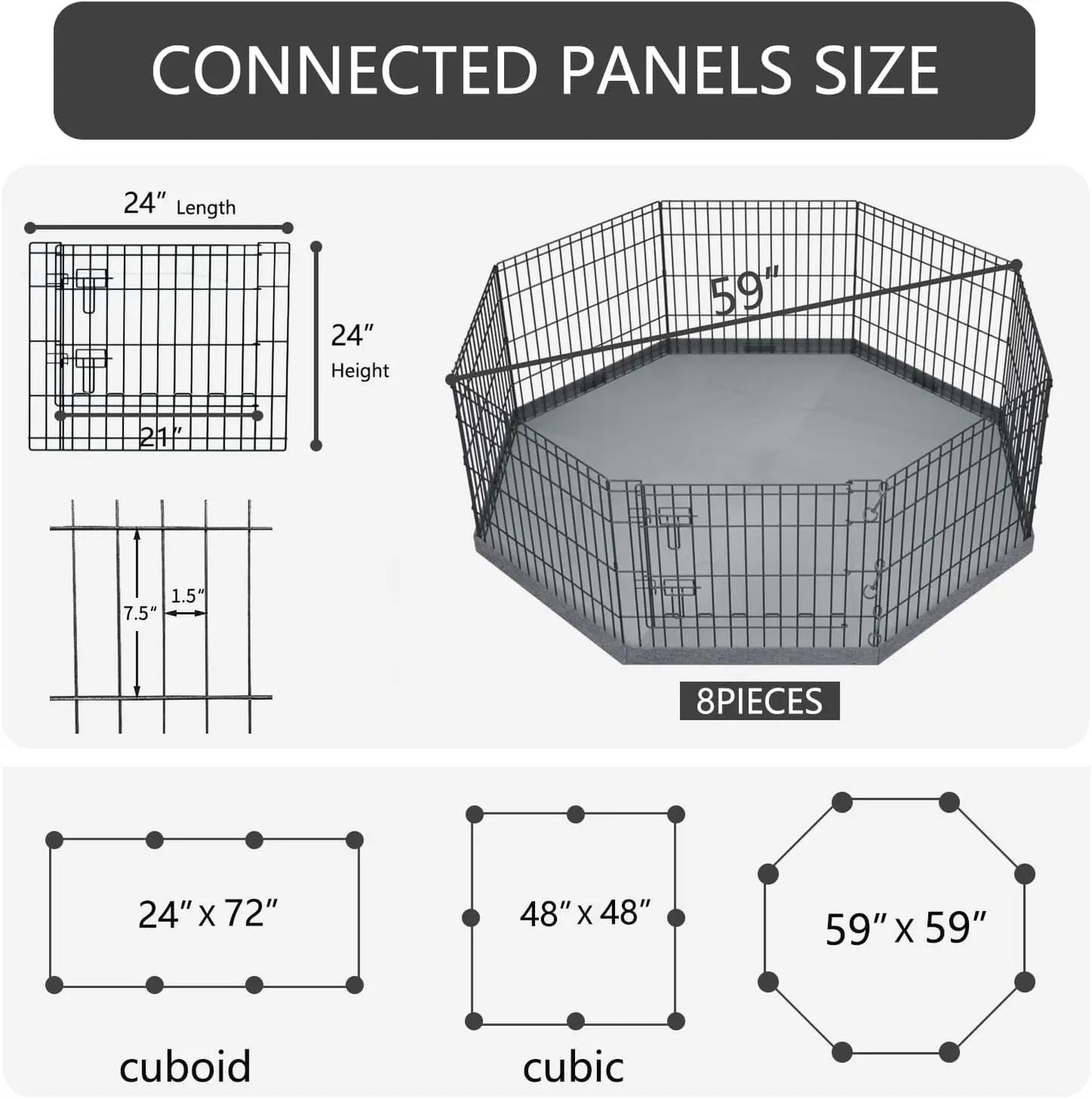 Foldable Metal Dog Playpen with Bottom Pad, 8 Panels 24"H x 24"W for Indoor/Outdoor Pet Exercise.