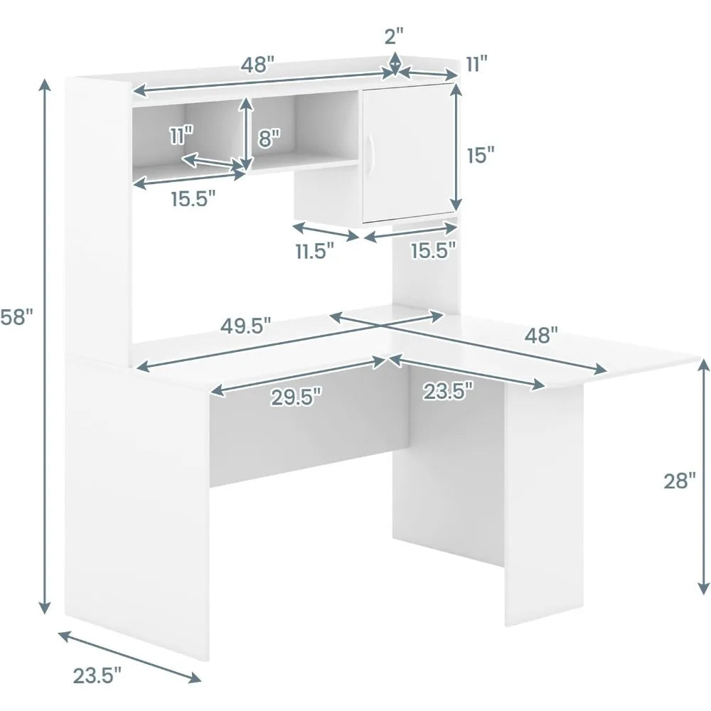 L Shaped Desk with Hutch, White Corner Desk with Storage Shelf & Cabinet, Laptop PC Table.