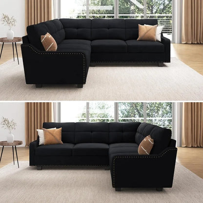 Convertible Sectional Sofa L Shaped Couch for Small Apartment ,Velvet Black.