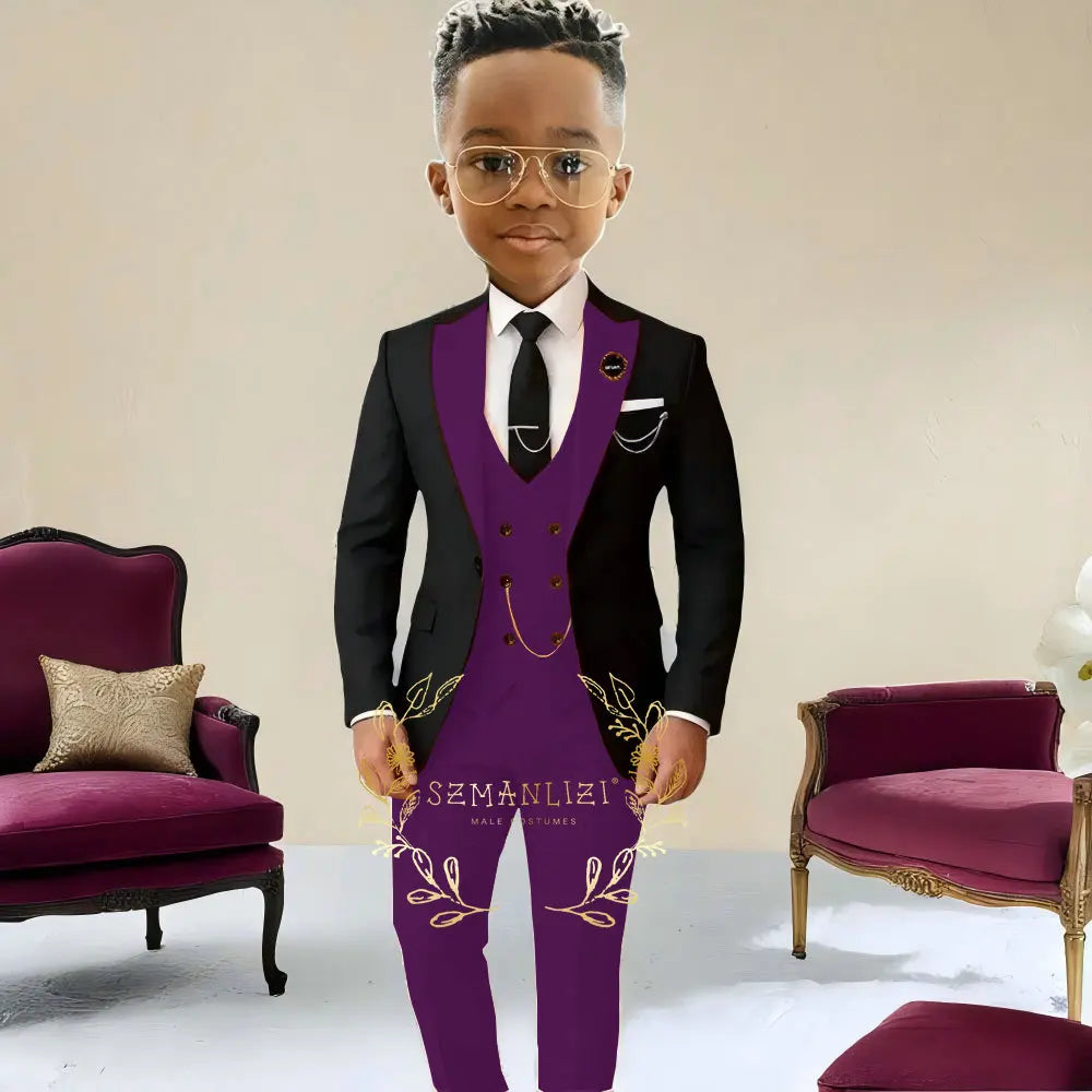 Boys Suit , Tuxedo Black Jacket, Beige Pants ,Vest 3 Pieces Set Kids 2-16 Years Old.