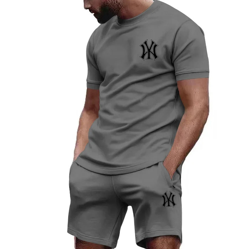 2026 hot men's two-piece sportswear short sleeved T-shirt and summer running fitness sportswear.