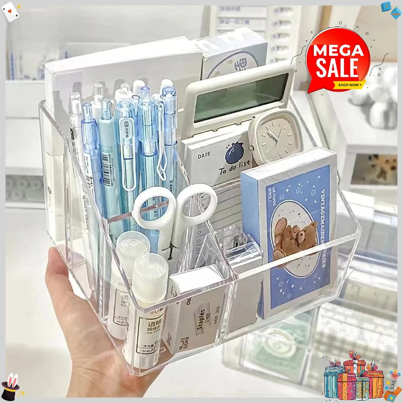 Large-Capacity Transparent Desktop Stationery Organizer, with Independent Compartments.