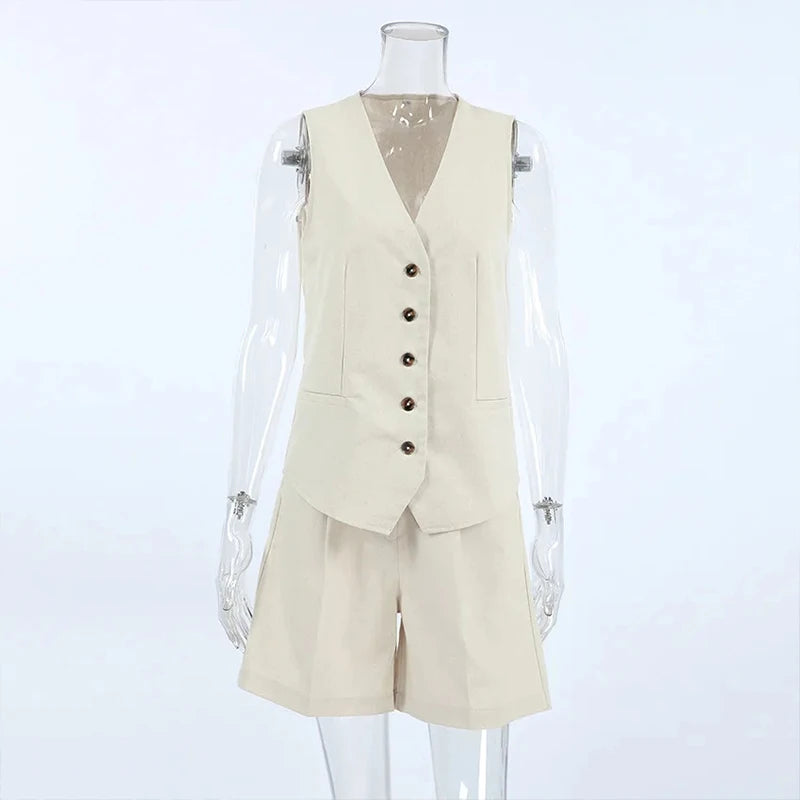 Women Two Piece Set Chic Button Vest Waistcoat +Short Sets Ensemble Femme 2 Piece.