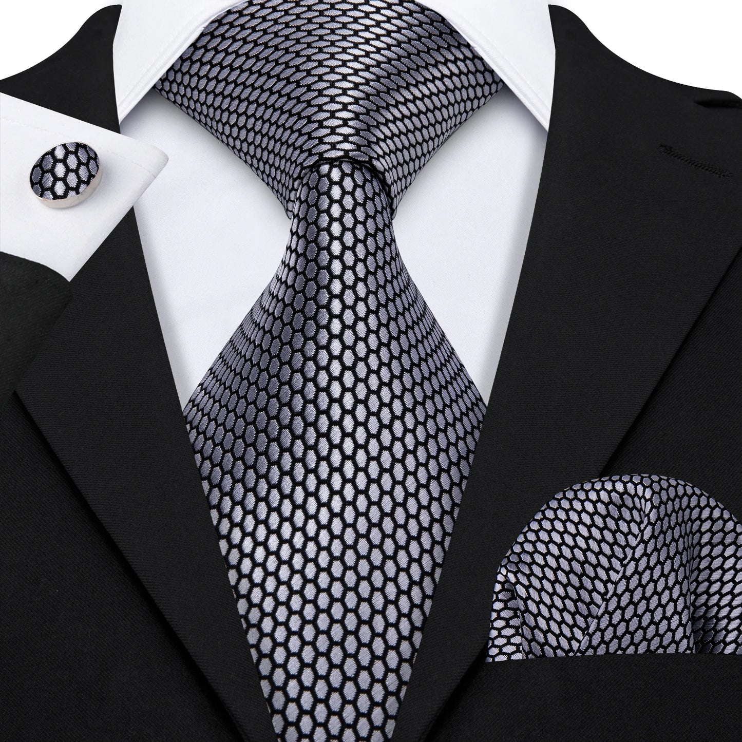 Black White Gray Silver Men Tie Handkerchief Cufflinks Set.