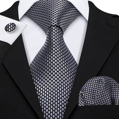Black White Gray Silver Men Tie Handkerchief Cufflinks Set.