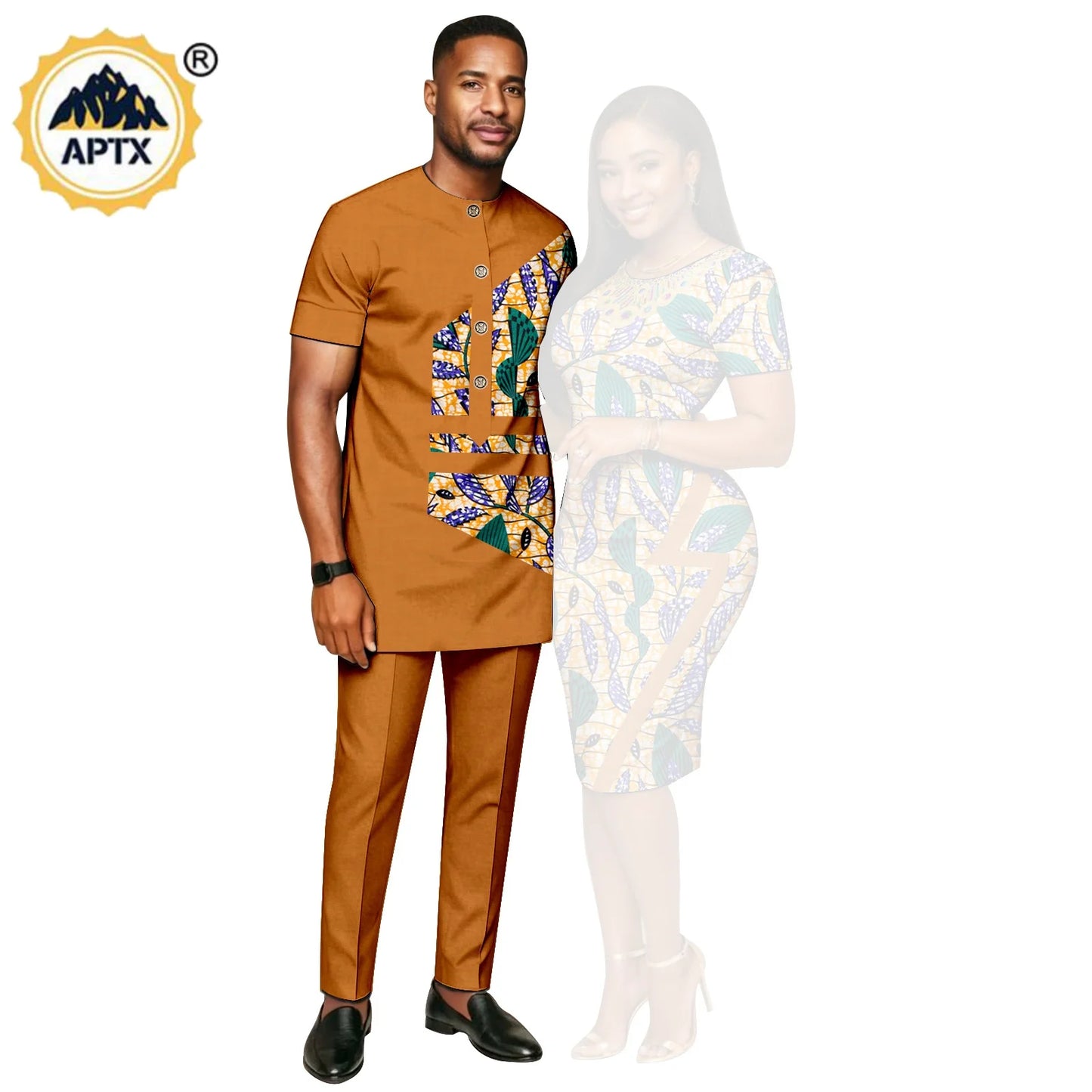 African Print Slim Hip Knee-length Dresses for Women, Matching Couple Outfits Dashiki Men Patchwork Top and Pant Sets 26C019.