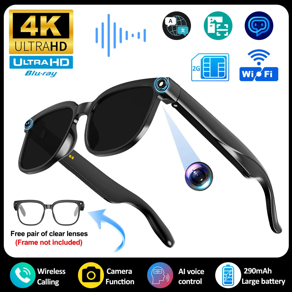 2026 4K HD AI Smart Glasses, New Bluetooth Call, Voice Assistant Control, Chat GPT, 800MP Camera, AI Translation Sunglasses Men Women.