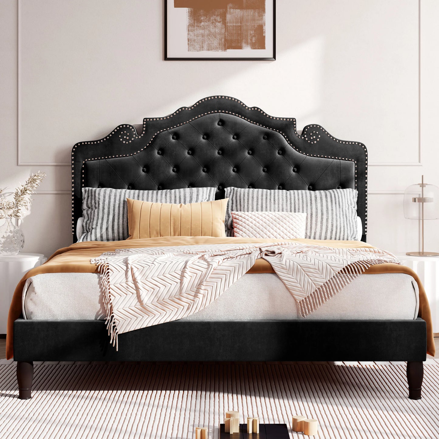 Bed Frame with Adjustable Velvet Tiara Headboard, Upholstered Diamond Button.