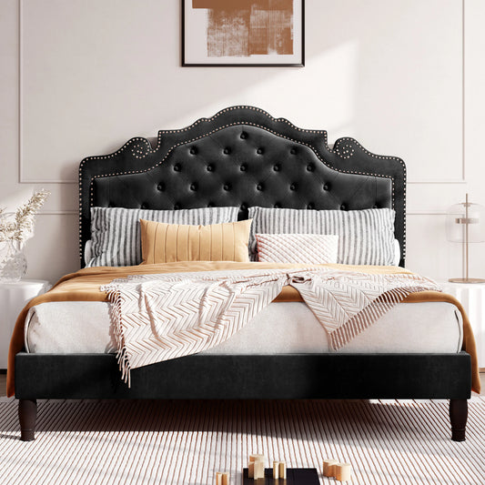 Bed Frame with Adjustable Velvet Tiara Headboard, Upholstered Diamond Button.