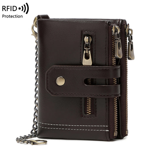 Double Zipper Wallet for Men, Multi-Card, Three-Fold Wallet with Chain.