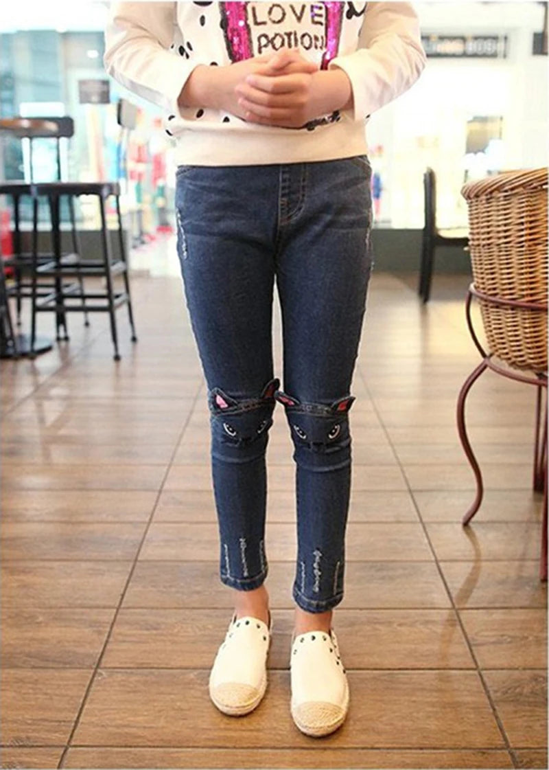 Children, Infants, Girls Casual Denim Long Pants, Skinny Trousers Prints.