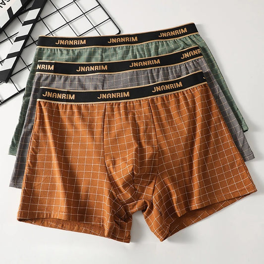 3PCS/Pack L-4XL Loose Casual Plaid Underwear for Men,100% Cotton Breathable Shorts.