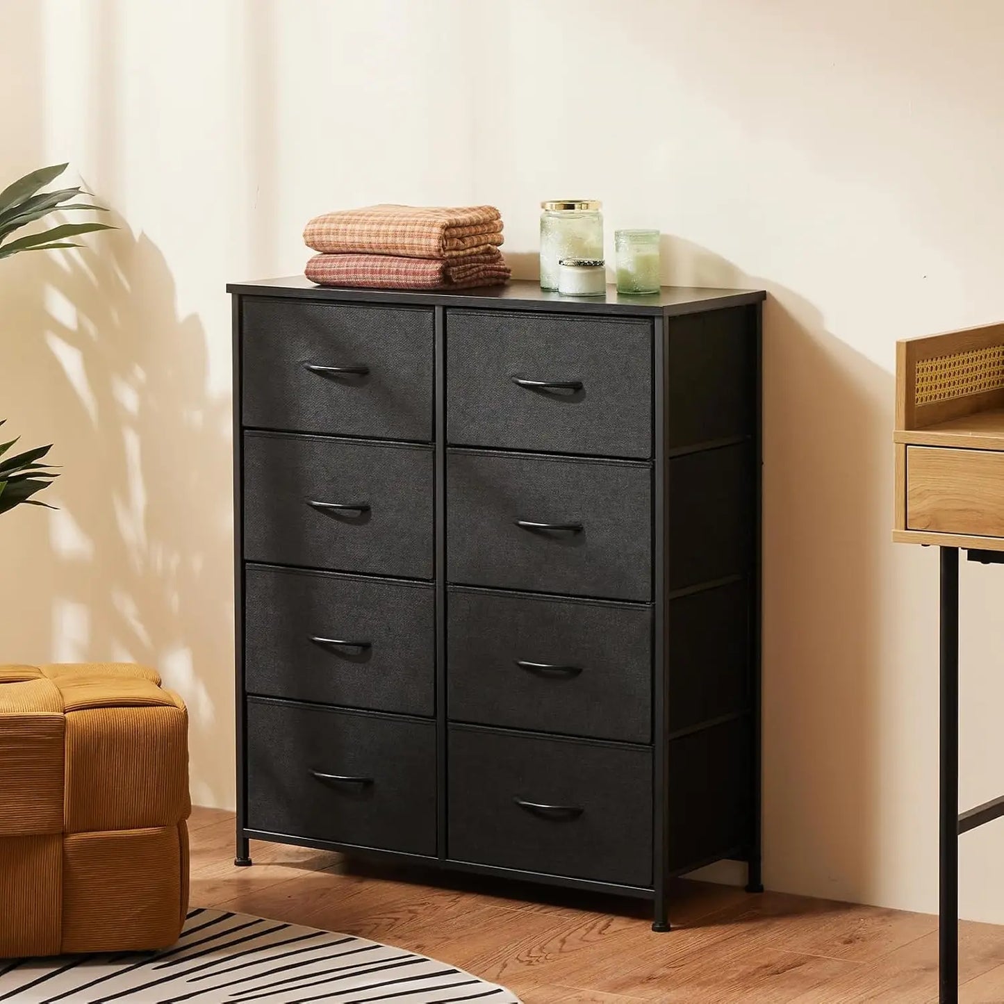 8-Drawer Black Fabric Dresser, 44 Inch Tall Storage Tower for Bedroom.