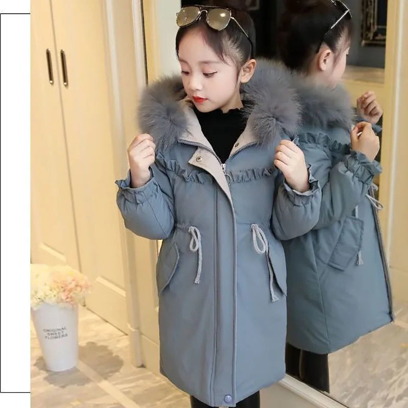 Warm Jackets for Girls Two Colors, Faux Fur Hooded Coat , White Duck Down Parkas