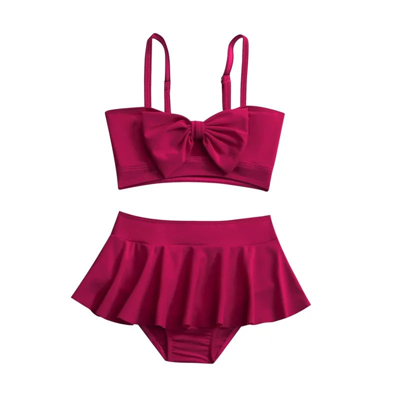 Girls Bow Bikini Two Pieces Swimsuit, Kids Ruffle Skirt, 5-14 Years Teenager Beach Wear.