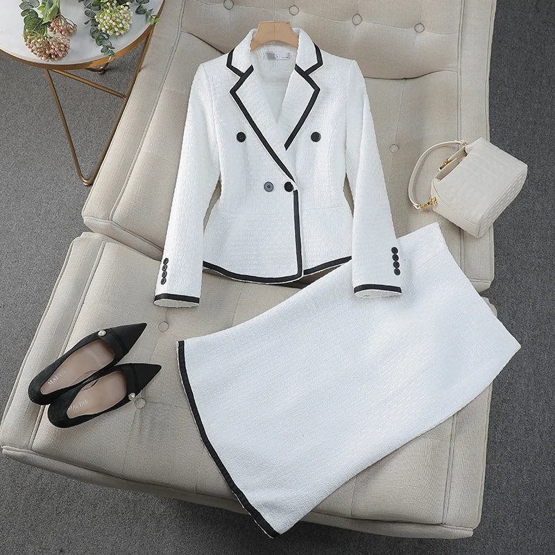 Black White Office Lady French Two Piece Suit ,Women, High Waist Midi Skirts, short blazer.