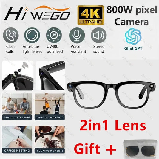 2 in1 4K Smart AI Glasses, 800W pixel AI Shooting Camera, HD Photo Video, Voice Call Translation ,Waterproof Bluetooth AI Glasses.