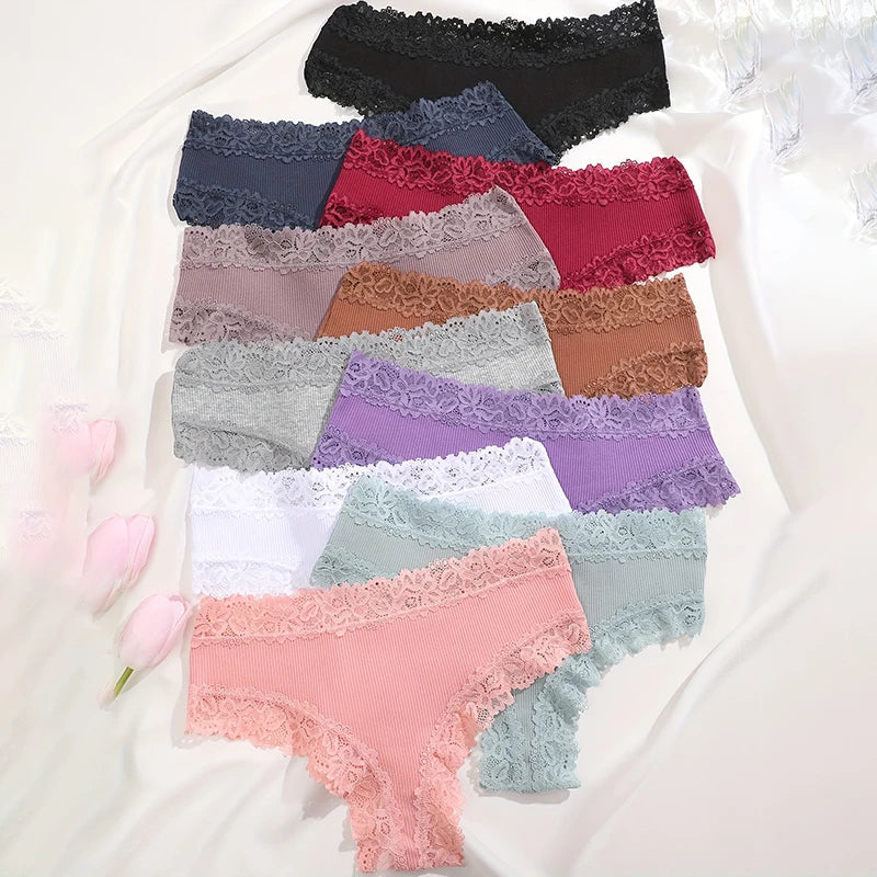 10PCS/Set Women Lace Cotton Panties, Sexy Low-Waist Brazilian Panties, Solid Color Female Underwear.