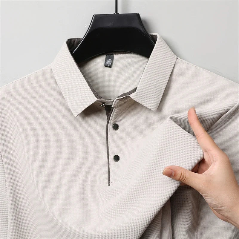 New Men Business Casual Long Sleeve Solid Color Polo Shirt, Fashionable Warm Comfortable Four Seasons.
