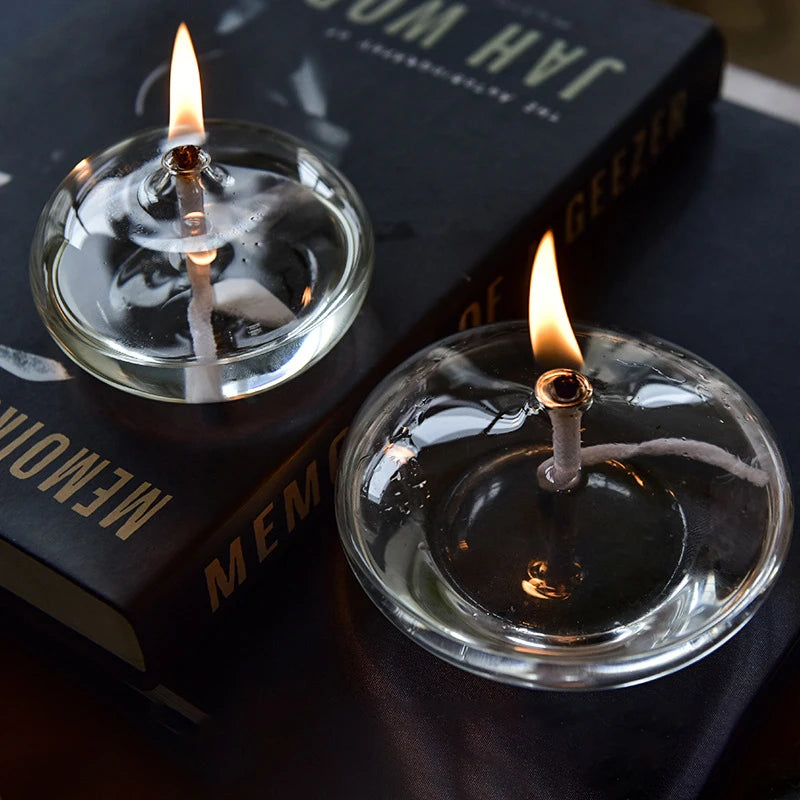 Handmade Oblate Transparent Glass, Oil Lamp Rustic Home Decoration.