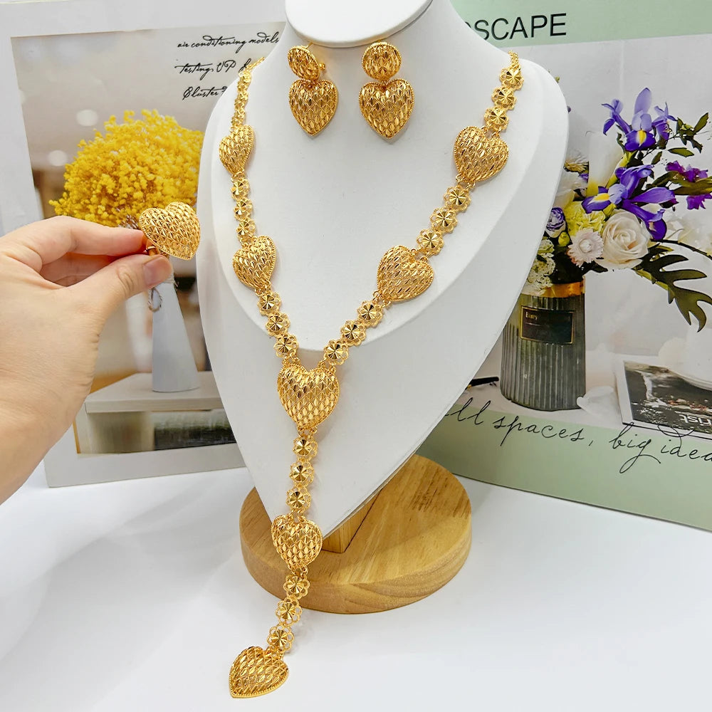 Fashion Necklace Earrings Ring Women Jewelry Gold Color Necklace Earring Ring Set