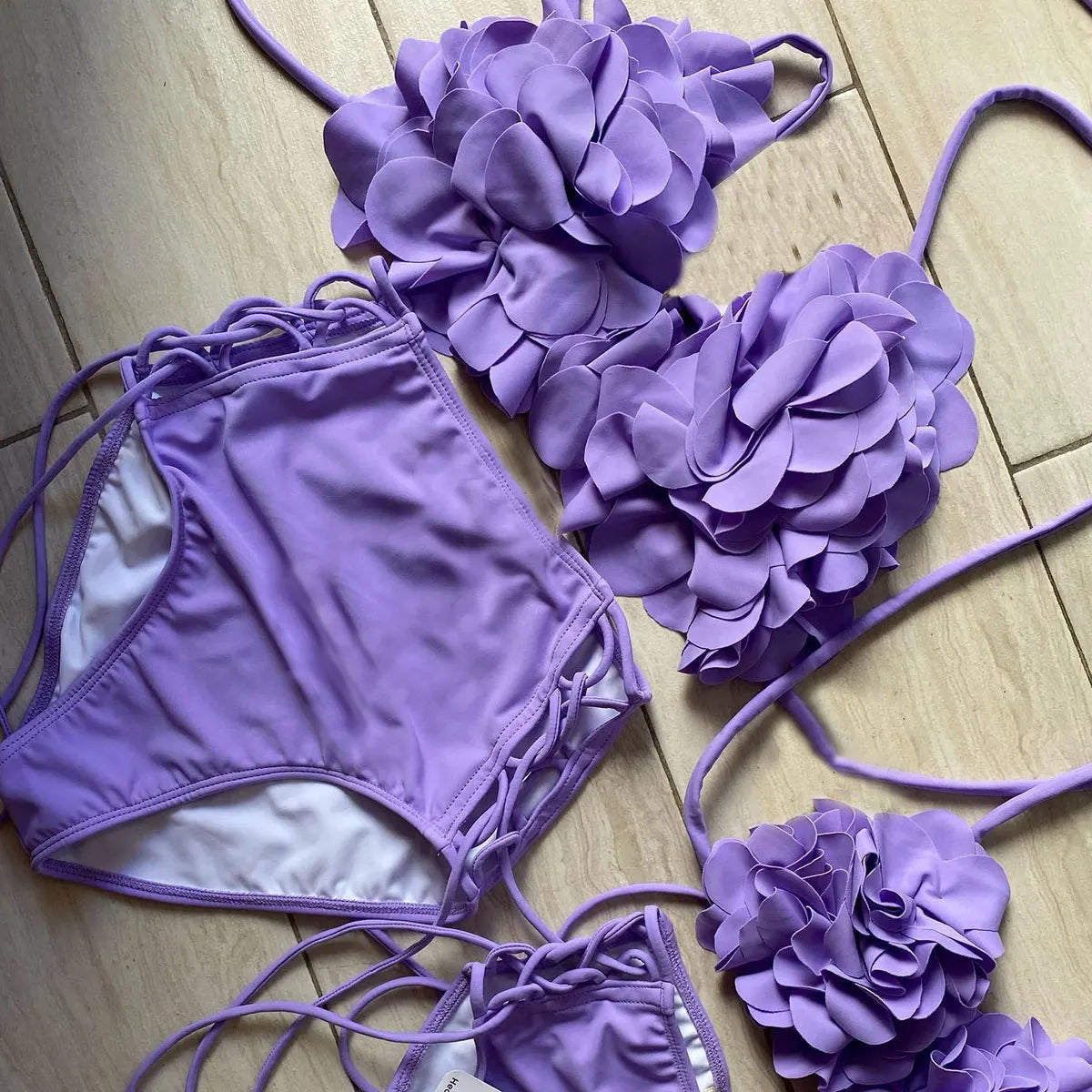 3D Flower Bikini Set  Low Waist Swimwear , Women Solid , Sexy Beach Wear Female.