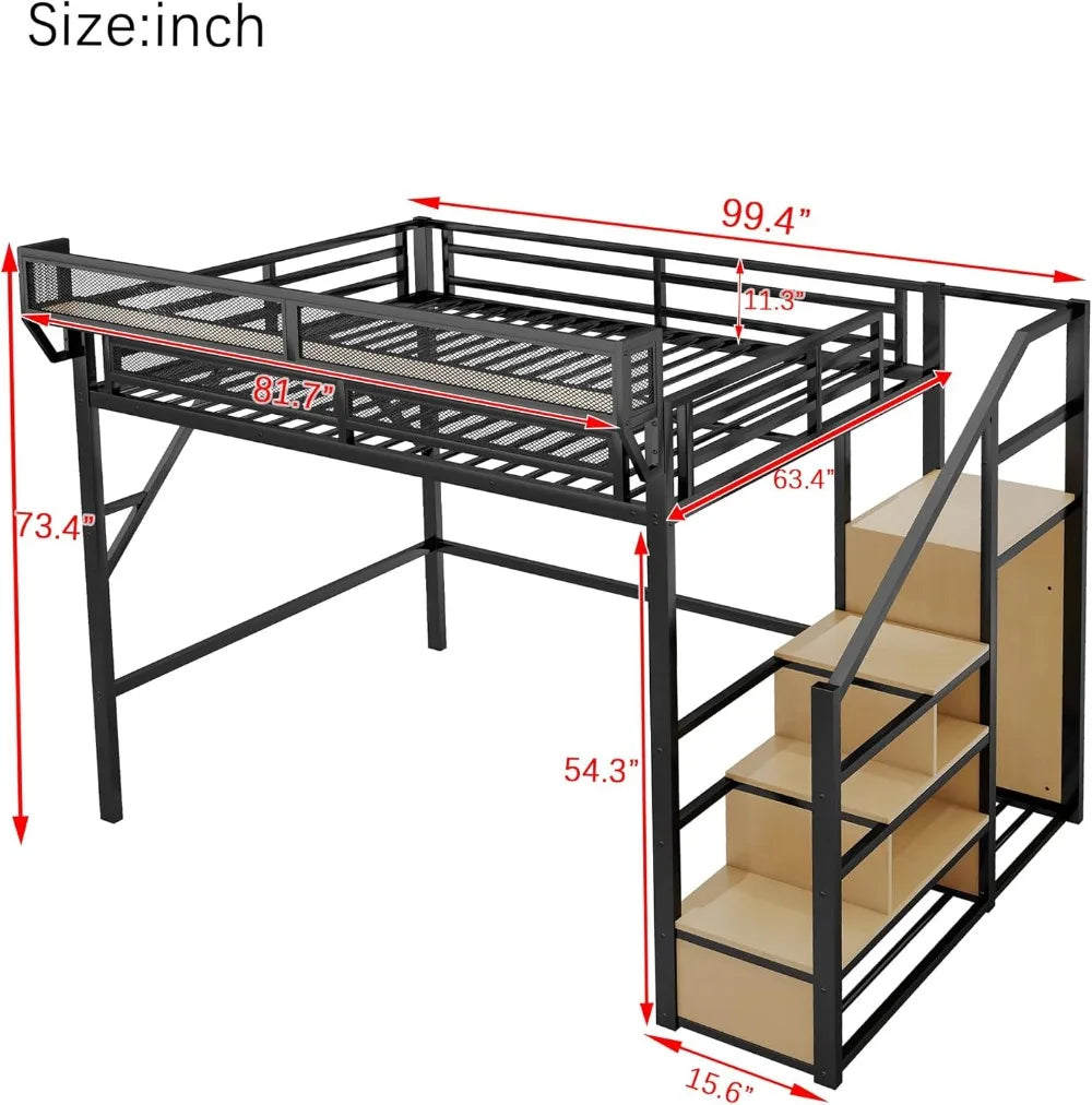 Queen Loft Bed with Staircase, Storage Shelves & Wardrobe, Metal Frame, Easy Assembly, Black