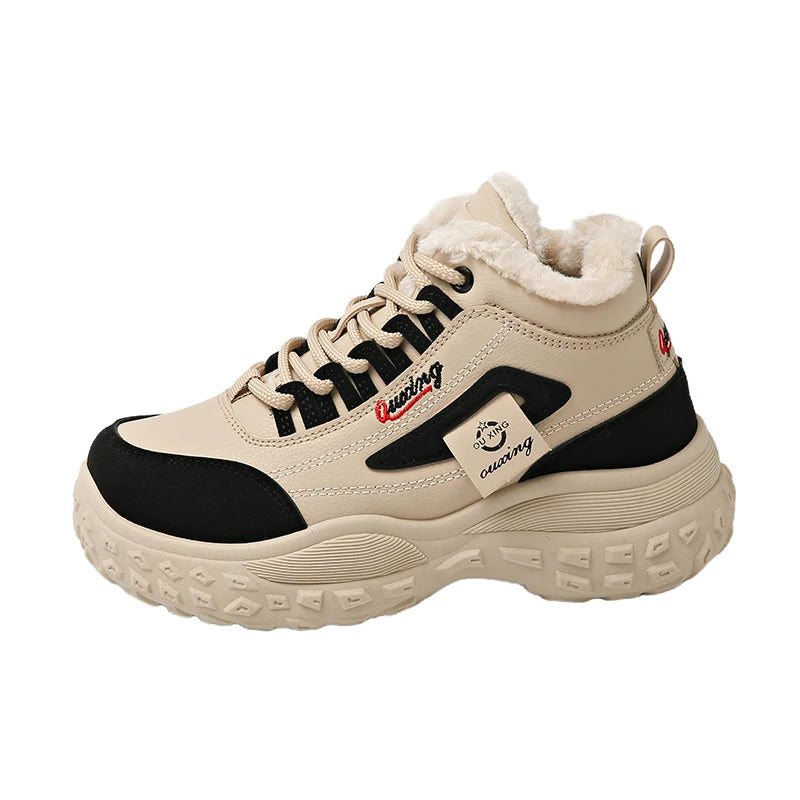Winter high-top cotton shoes with fleece for women, outdoor casual sports, slip-resistant and durable.